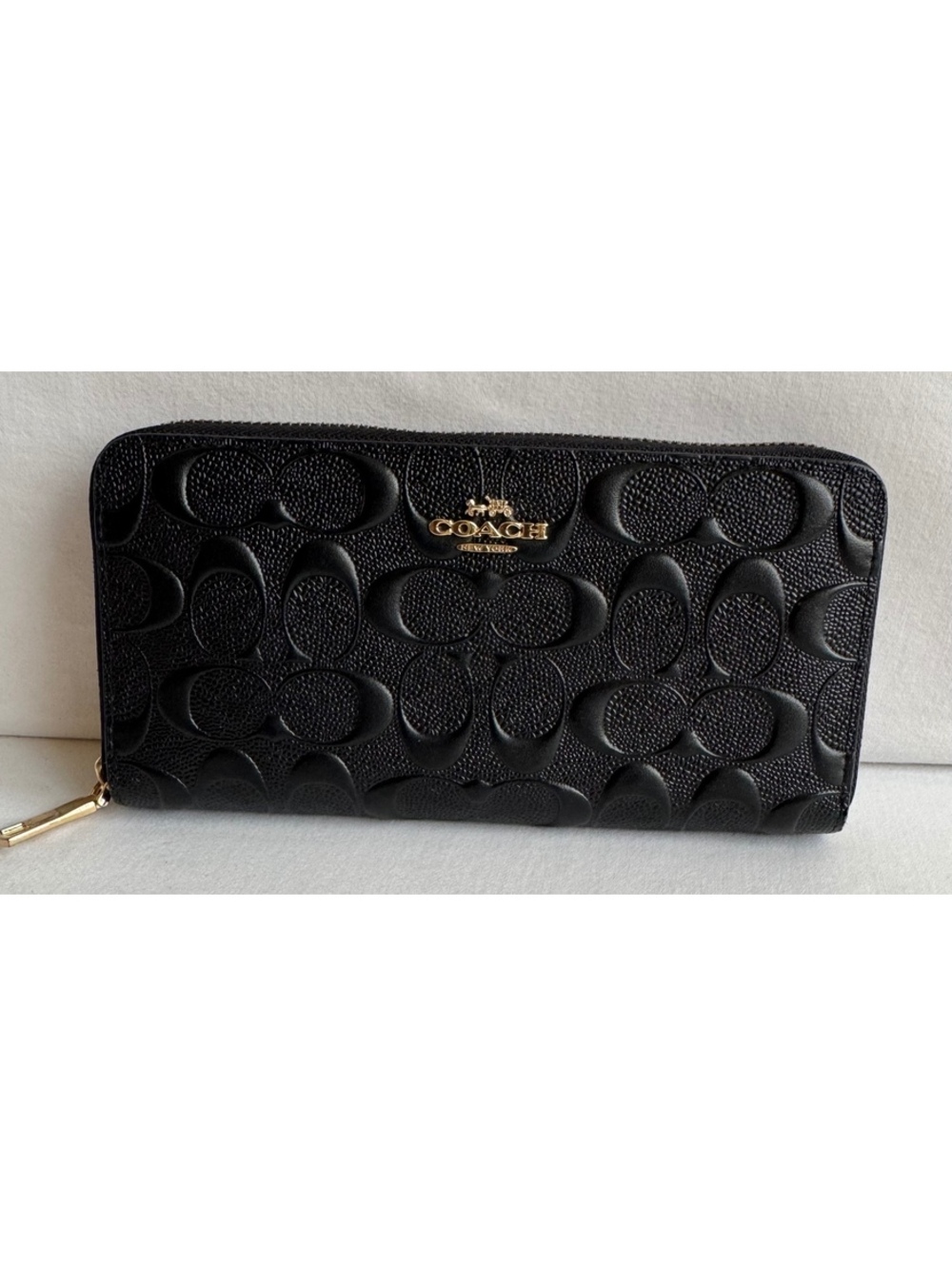 Coach F53834 Black Embossed Signature Zip Around Wallet Gold Tone